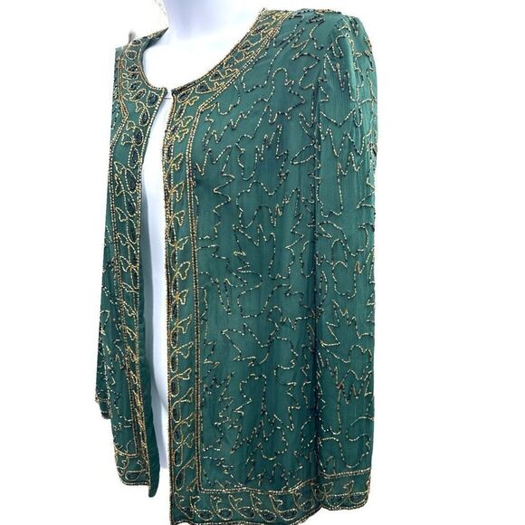 Vintage JMD New York Beaded Jacket Green Gold Black Open Front Top Size Large - Picture 3 of 12